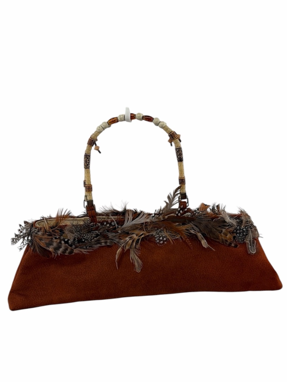 Vintage Copper Brown Feather-Trim Beaded Handle East/West Clutch Baguette Bag
